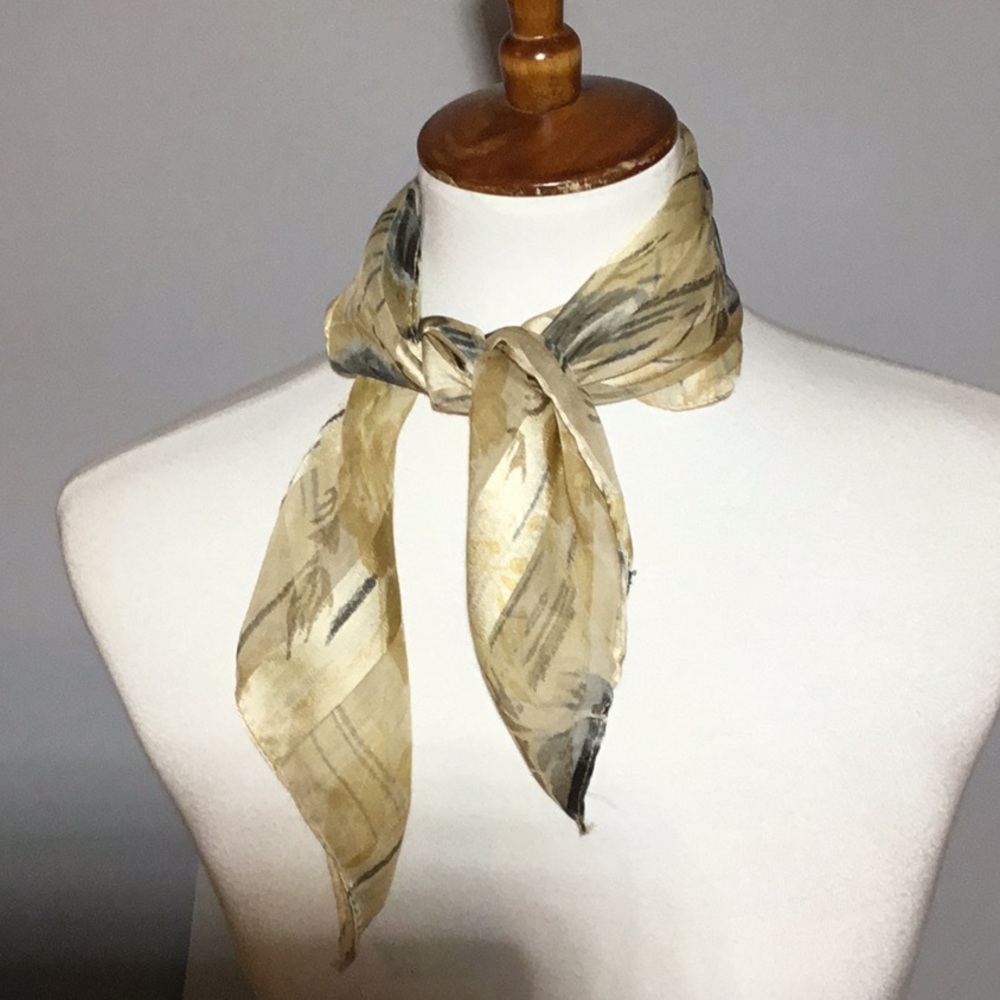Scarf, silk, sheer and opaque, for neck or headband, colors are grays & gold